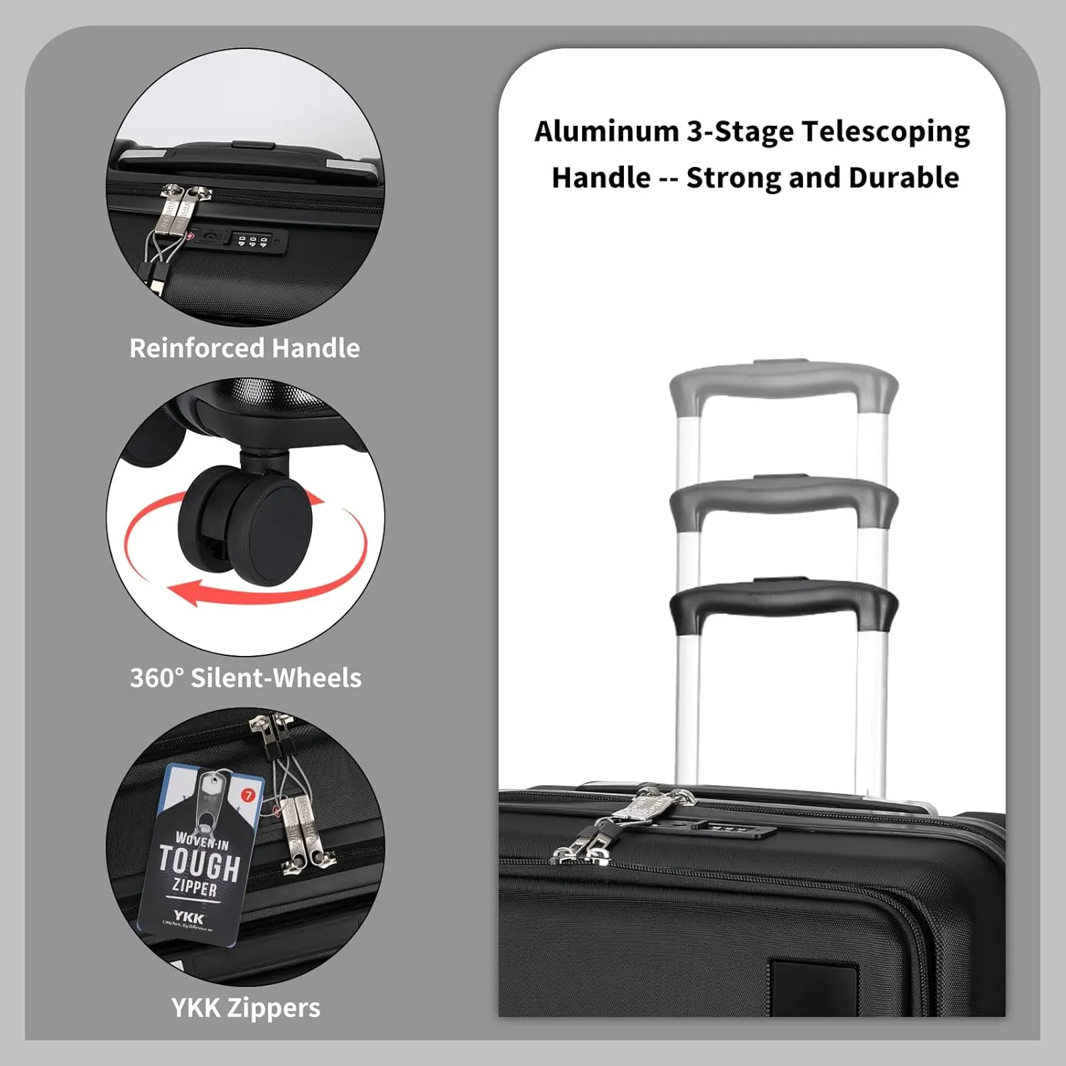20 inch Small Carry On Luggage Front Open with Laptop Pocket, ABS PC Hard Shell Suitcase with Spinner Wheels TSA Lock & YKK Zipper, 20in/Toiletry Bag/Handbag, Black
