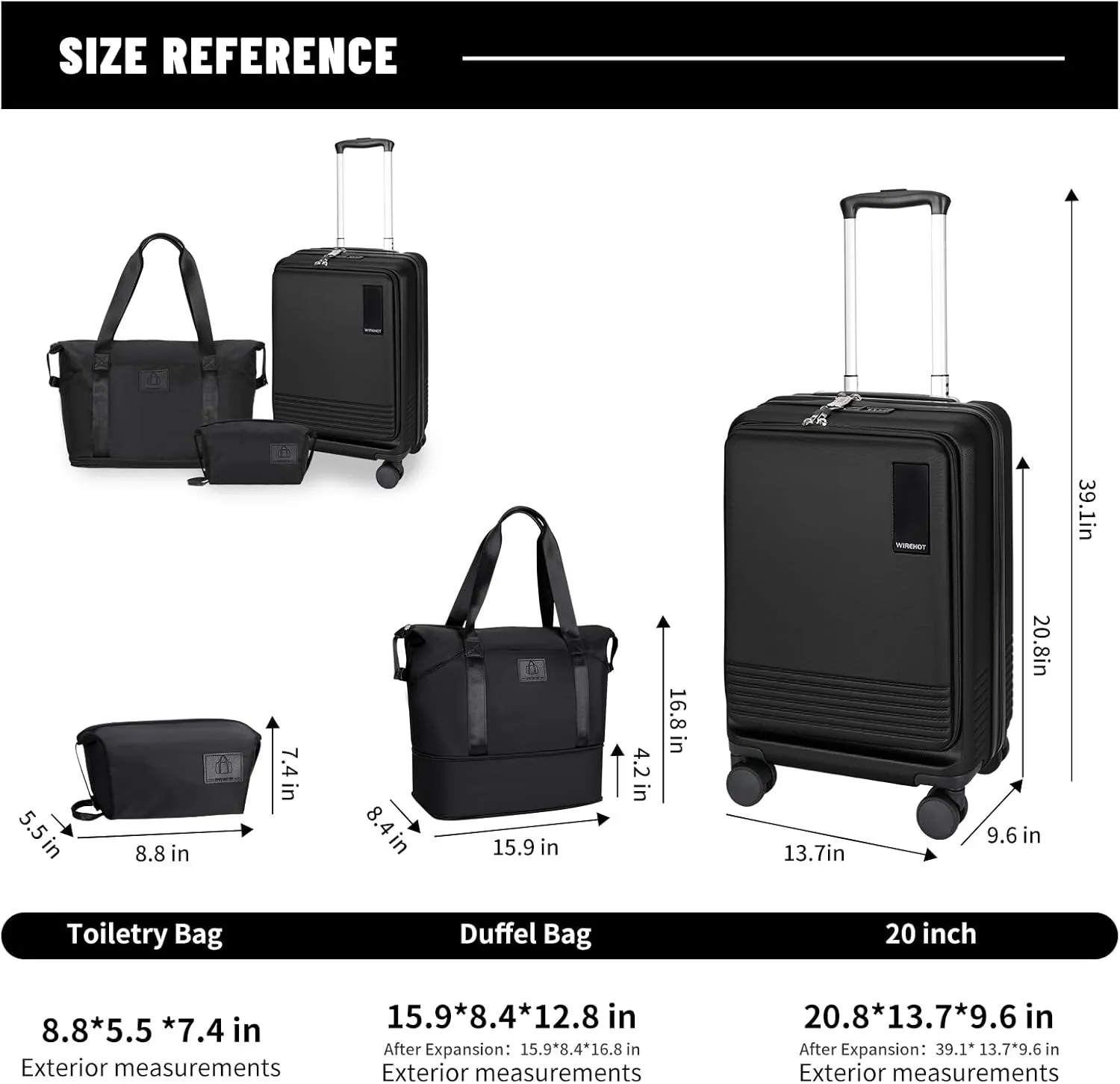 20 inch Small Carry On Luggage Front Open with Laptop Pocket, ABS PC Hard Shell Suitcase with Spinner Wheels TSA Lock & YKK Zipper, 20in/Toiletry Bag/Handbag, Black