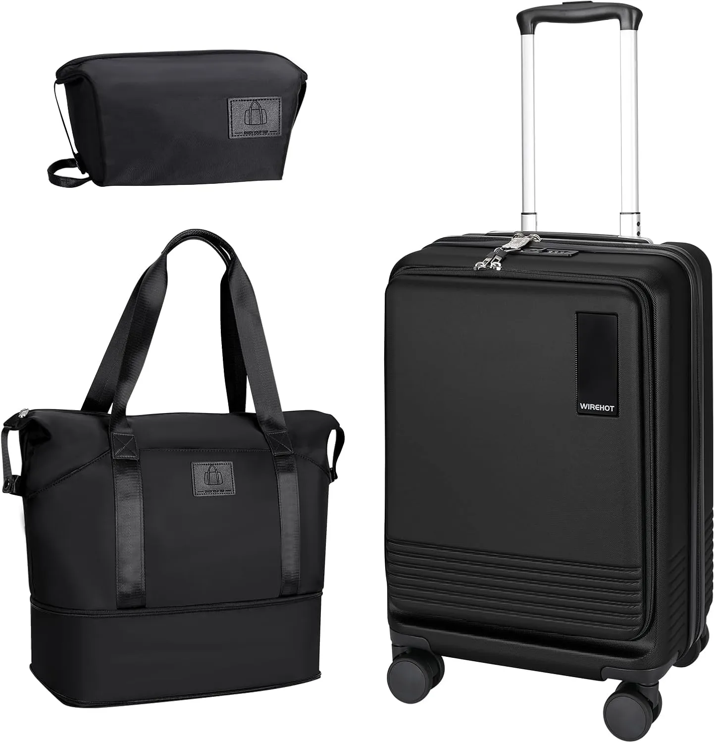 20 inch Small Carry On Luggage Front Open with Laptop Pocket, ABS PC Hard Shell Suitcase with Spinner Wheels TSA Lock & YKK Zipper, 20in/Toiletry Bag/Handbag, Black