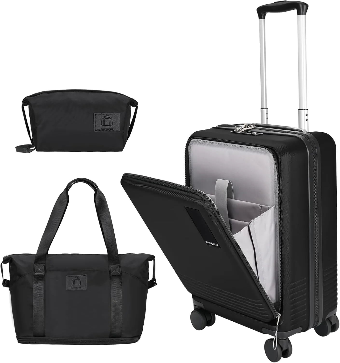 20 inch Small Carry On Luggage Front Open with Laptop Pocket, ABS PC Hard Shell Suitcase with Spinner Wheels TSA Lock & YKK Zipper, 20in/Toiletry Bag/Handbag, Black