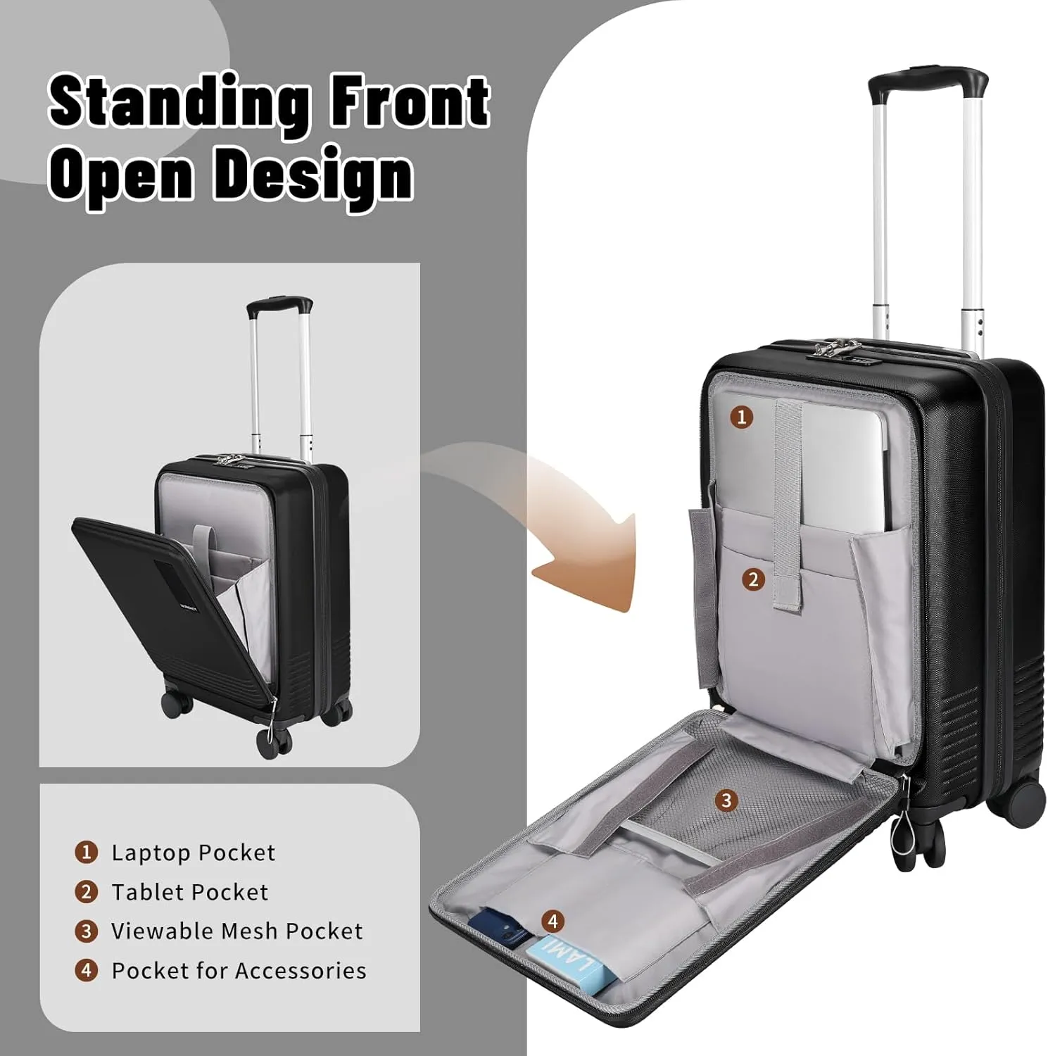 20 inch Small Carry On Luggage Front Open with Laptop Pocket, ABS PC Hard Shell Suitcase with Spinner Wheels TSA Lock & YKK Zipper, 20in/Toiletry Bag/Handbag, Black