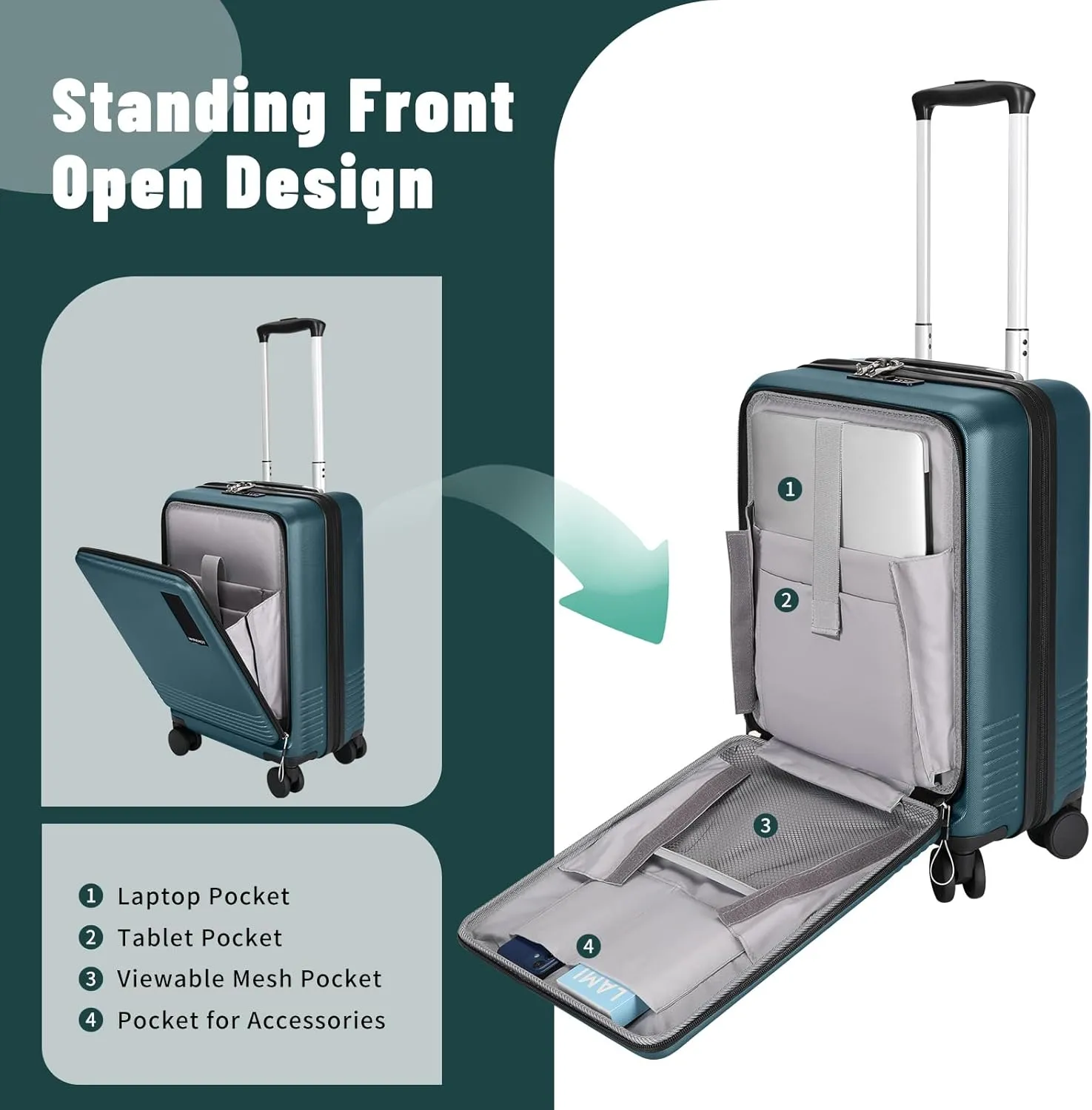 20 inch Small Carry On Luggage Front Open with Laptop Pocket, ABS PC Hard Shell Suitcase with Spinner Wheels TSA Lock & YKK Zipper, 20in/Toiletry Bag/Handbag, Teal Blue