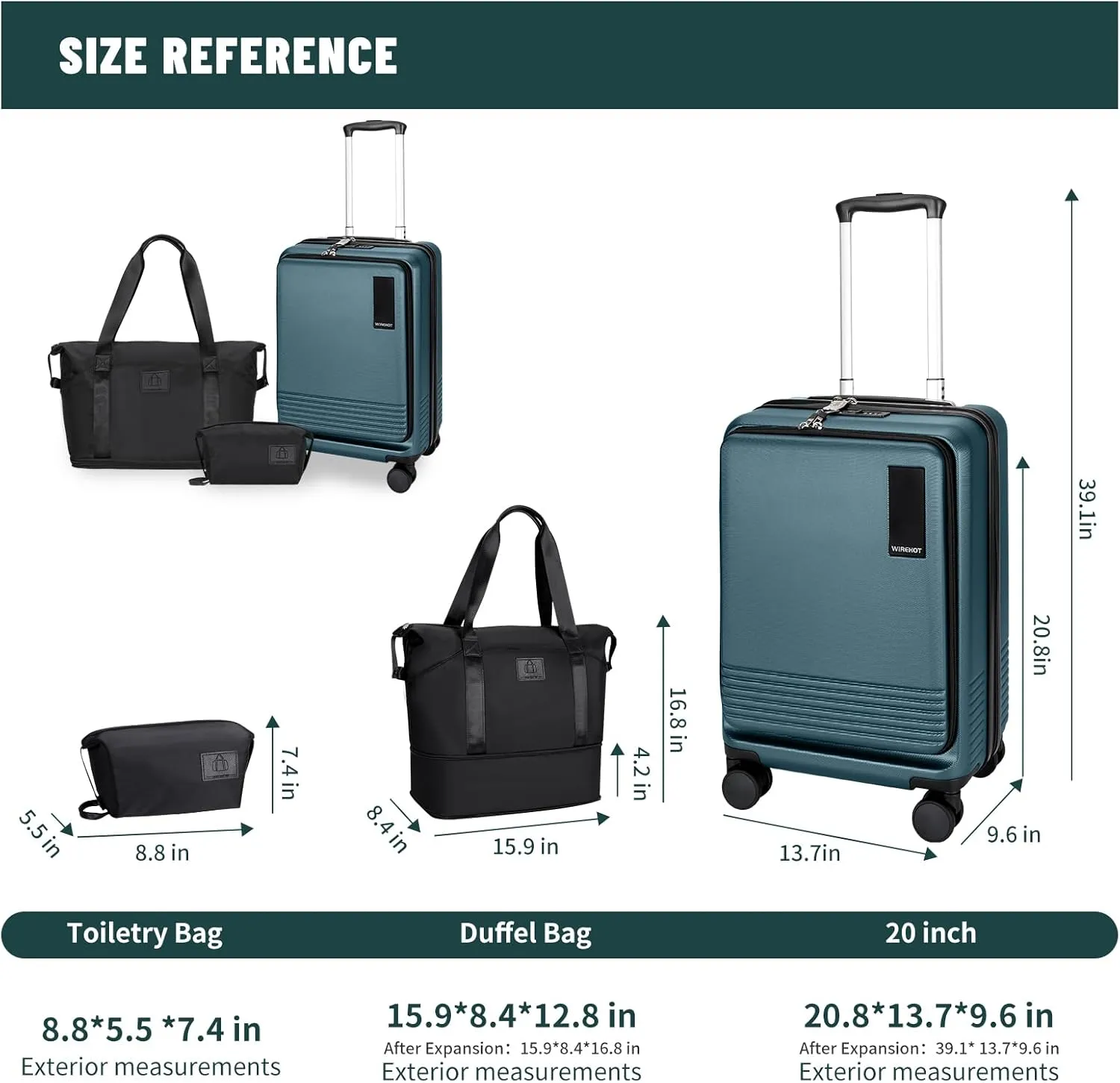 20 inch Small Carry On Luggage Front Open with Laptop Pocket, ABS PC Hard Shell Suitcase with Spinner Wheels TSA Lock & YKK Zipper, 20in/Toiletry Bag/Handbag, Teal Blue
