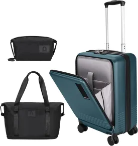 20 inch Small Carry On Luggage Front Open with Laptop Pocket, ABS PC Hard Shell Suitcase with Spinner Wheels TSA Lock & YKK Zipper, 20in/Toiletry Bag/Handbag, Teal Blue