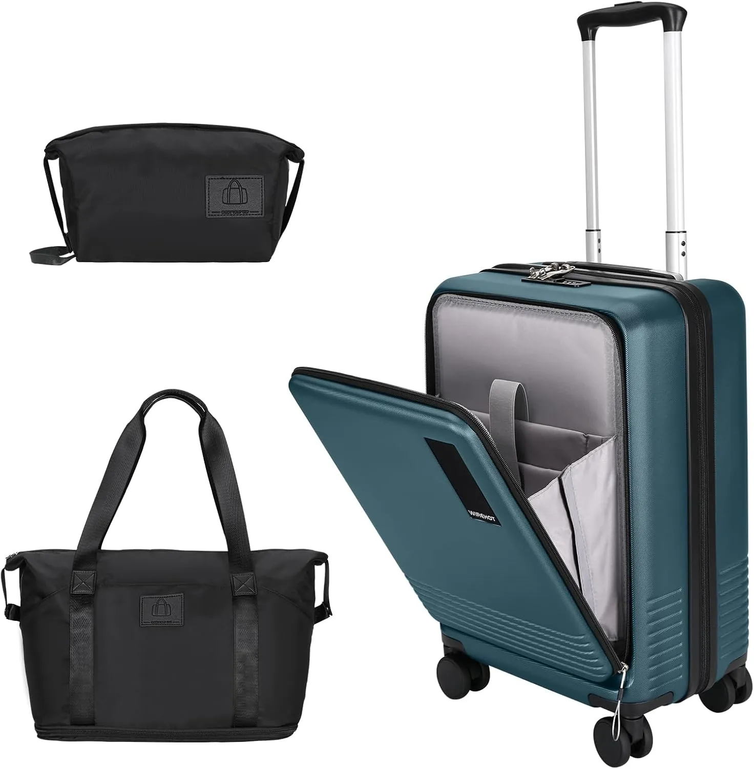 20 inch Small Carry On Luggage Front Open with Laptop Pocket, ABS PC Hard Shell Suitcase with Spinner Wheels TSA Lock & YKK Zipper, 20in/Toiletry Bag/Handbag, Teal Blue