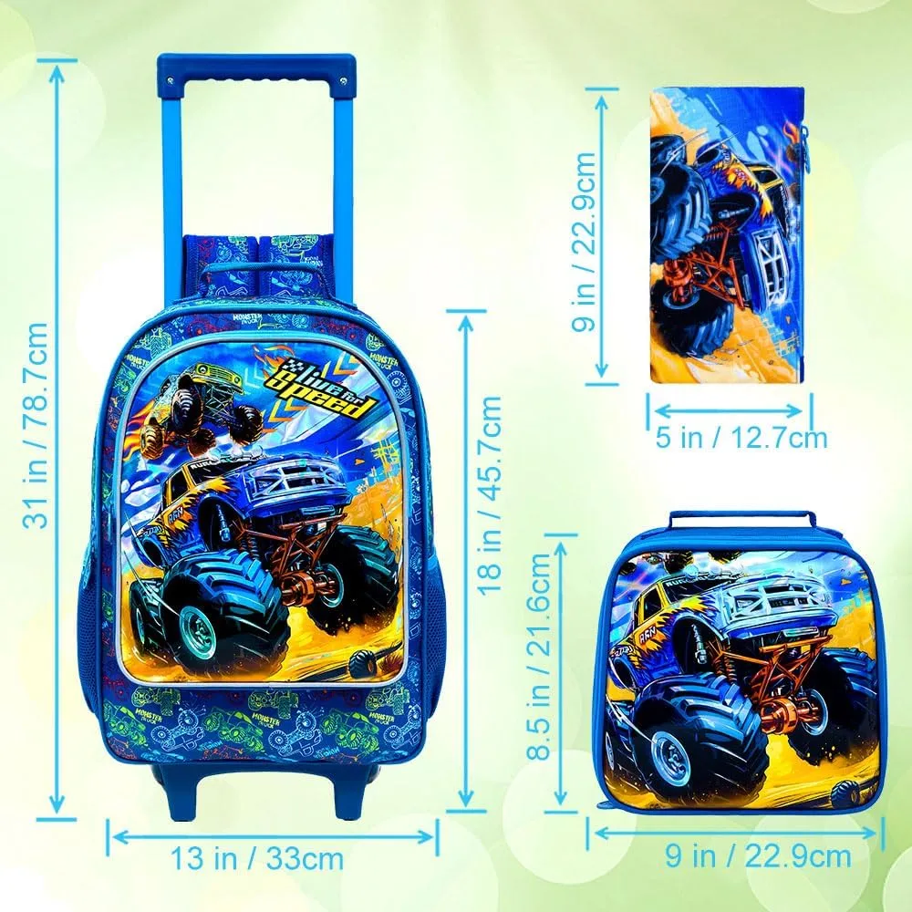 3PCS Rolling Backpack for Girls and Boys Kids Unicorn Dinosaur Wheeled Bookbag