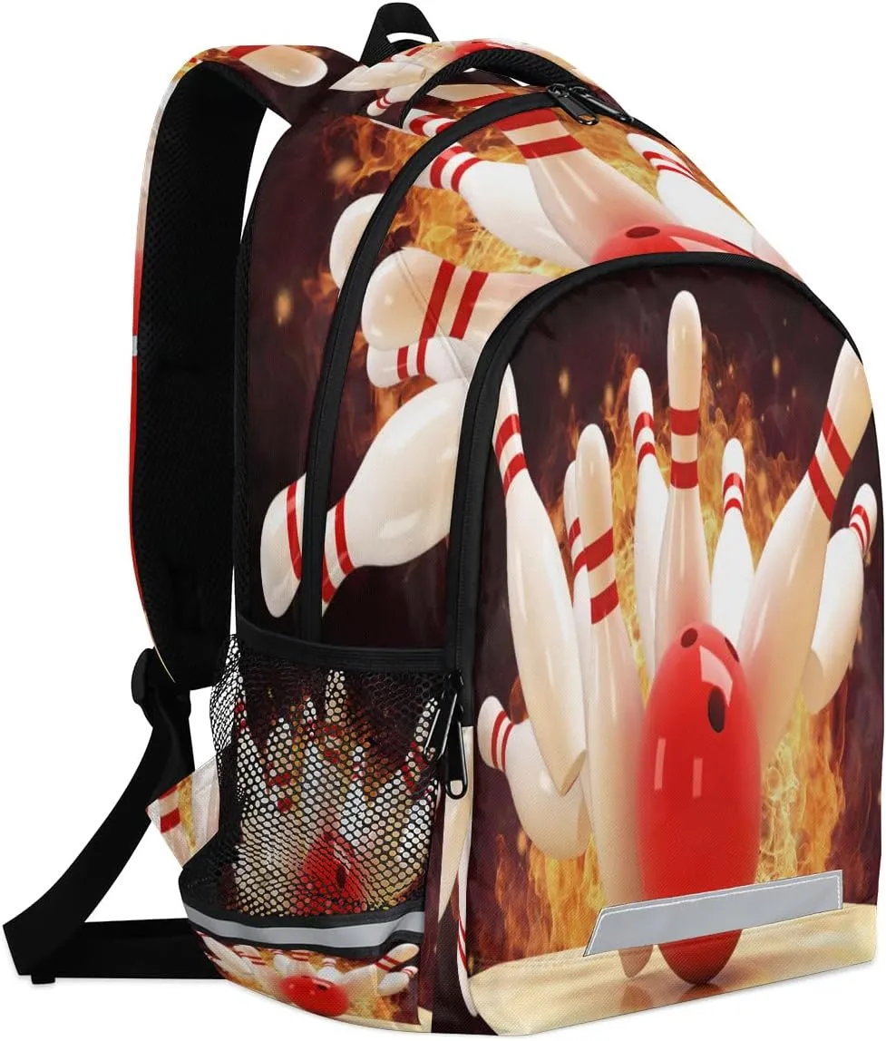 Abstract Fire Bowling Ball Backpacks for Girls Boys School Portable Wide Shoulder Strap Large Capacity School Kids Backpack with Reflective Strip Travel Bag College Student Casual Daypack