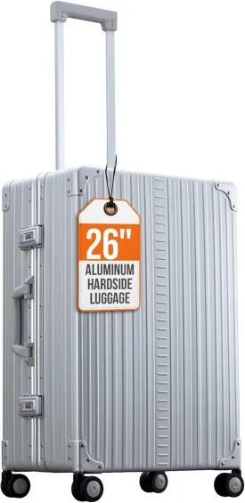 Aleon 26" Lightweight Aluminum Carry-On Luggage - Hardside Carry-On Suitcase, TSA Approved, Hard Shell Suitcase for Travel, Airline Approved Hard Spinner Wheels Luggage (Platinum)