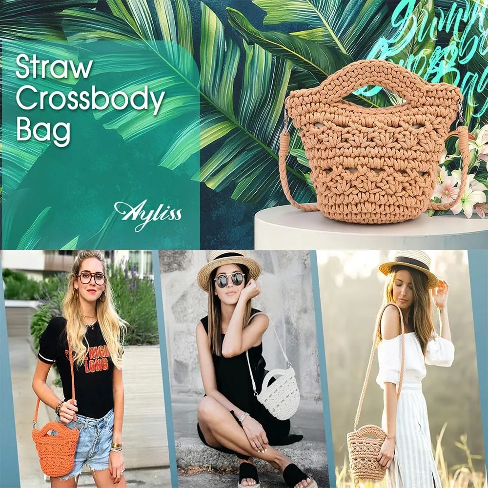 Ayliss Straw Crossbody Bag for Women Summer Knit Beach Bag Shoulder Handmade Crochet Crossbody Purse for Women Detachable