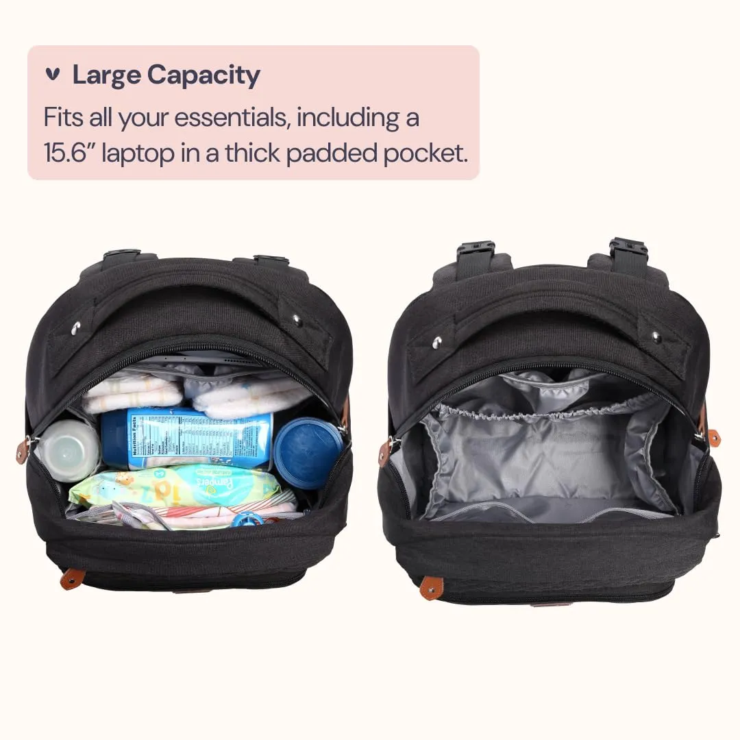 BabbleRoo Diaper Bag Backpack, Travel Backpack with Changing Pad, Pacifier Case & Stroller Straps, Multifunction, Waterproof, Unisex  Black