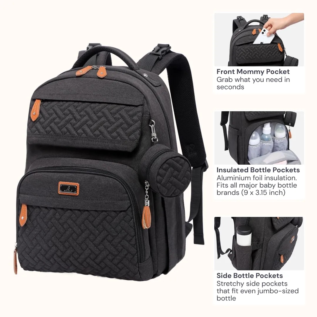 BabbleRoo Diaper Bag Backpack, Travel Backpack with Changing Pad, Pacifier Case & Stroller Straps, Multifunction, Waterproof, Unisex  Black