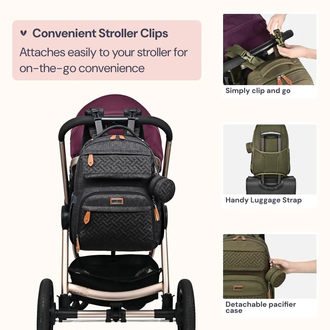BabbleRoo Diaper Bag Backpack, Travel Backpack with Changing Pad, Pacifier Case & Stroller Straps, Multifunction, Waterproof, Unisex  Black