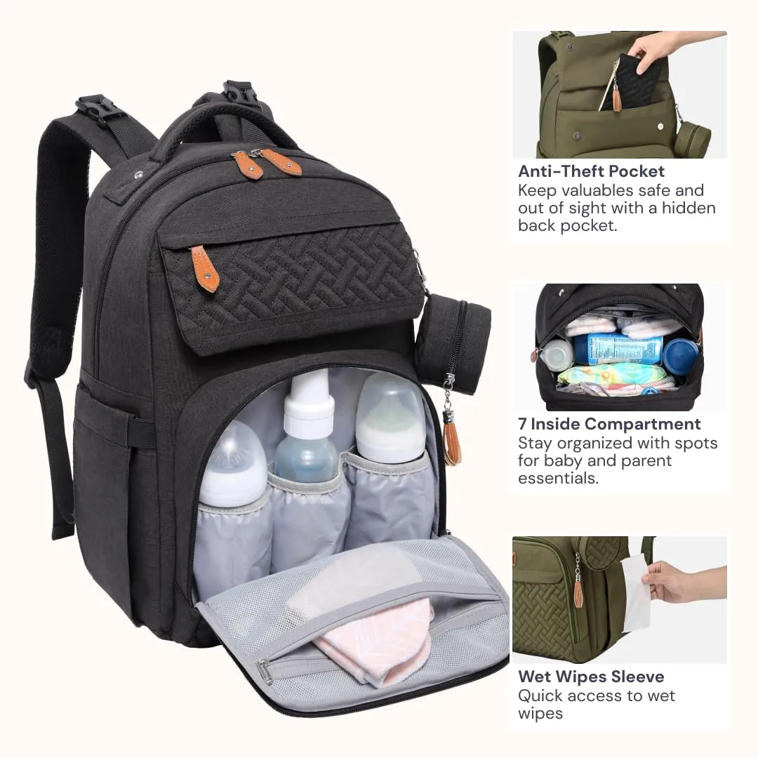BabbleRoo Diaper Bag Backpack, Travel Backpack with Changing Pad, Pacifier Case & Stroller Straps, Multifunction, Waterproof, Unisex  Black