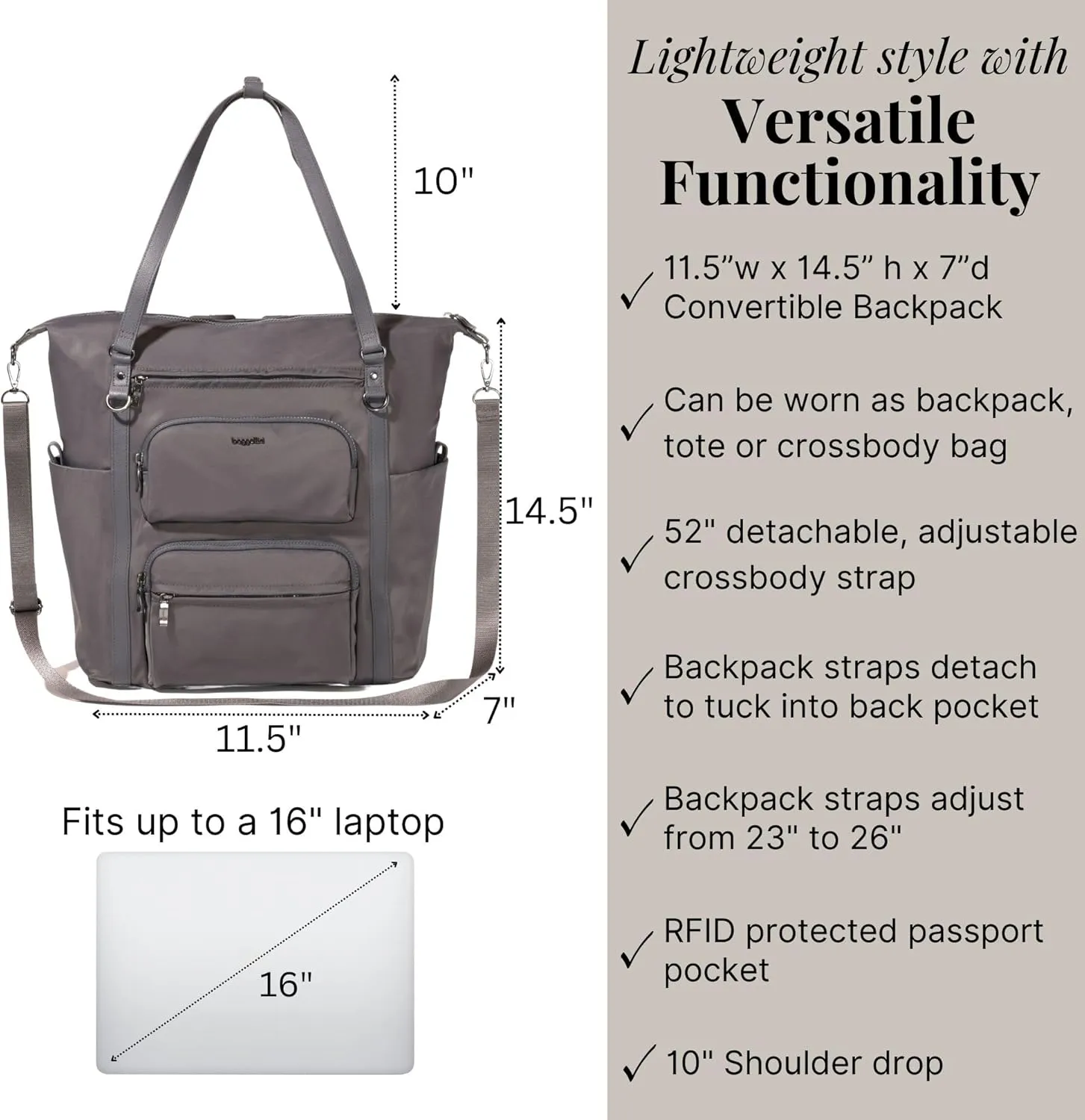 Baggallini Nolita Convertible Backpack - 14x11 Inch Travel Backpack with 16 Inch Laptop Sleeve - Lightweight Luggage Backpack