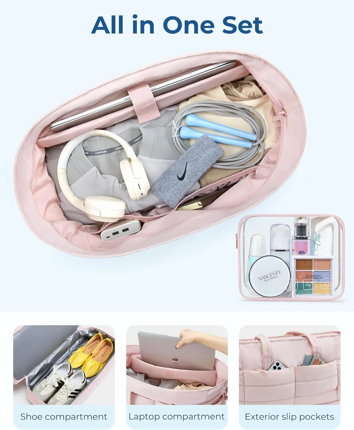 BAGSMART Large Travel Duffel Bag with Shoe Compartment, Puffer Carry-On Gym Weekender Bag for Women, Camel