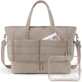 BAGSMART Large Travel Duffel Bag with Shoe Compartment, Puffer Carry-On Gym Weekender Bag for Women, Camel
