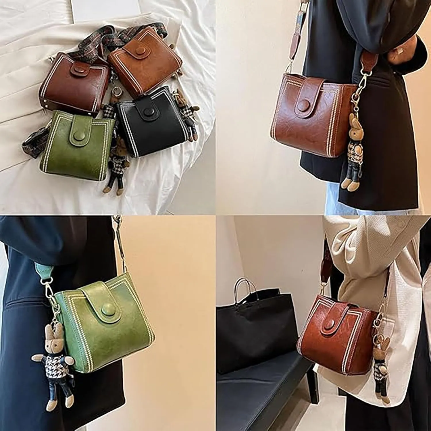 Bootara Bucket Bag, Women's Vintage Bunny Charm Bucket Bag with Adjustable Wider Shoulder Strap Crossbody