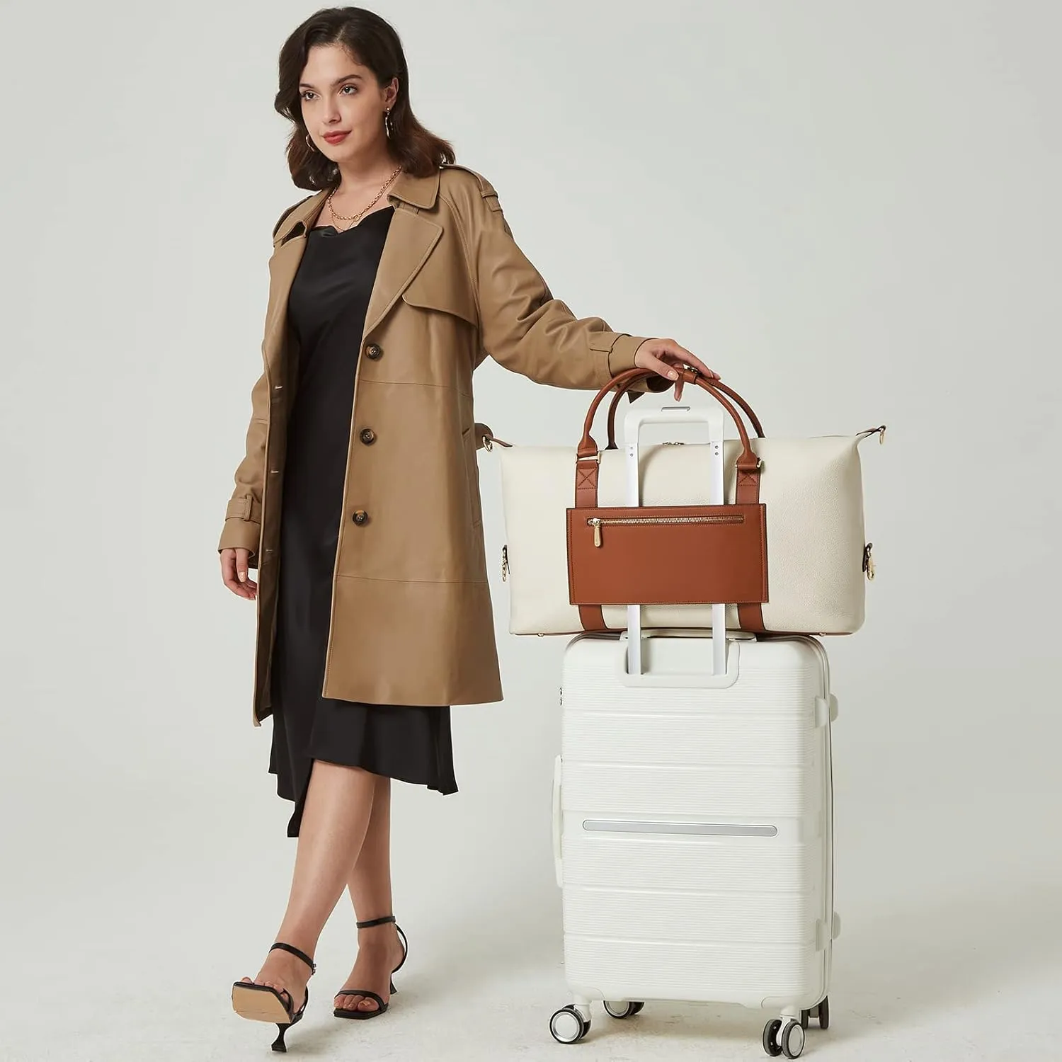 BOSTANTEN Weekender Bags for Women Leather Duffle Bag for Travel Overnight Duffel Carry on Large Tote with Trolley Sleeve and Luggage Tag