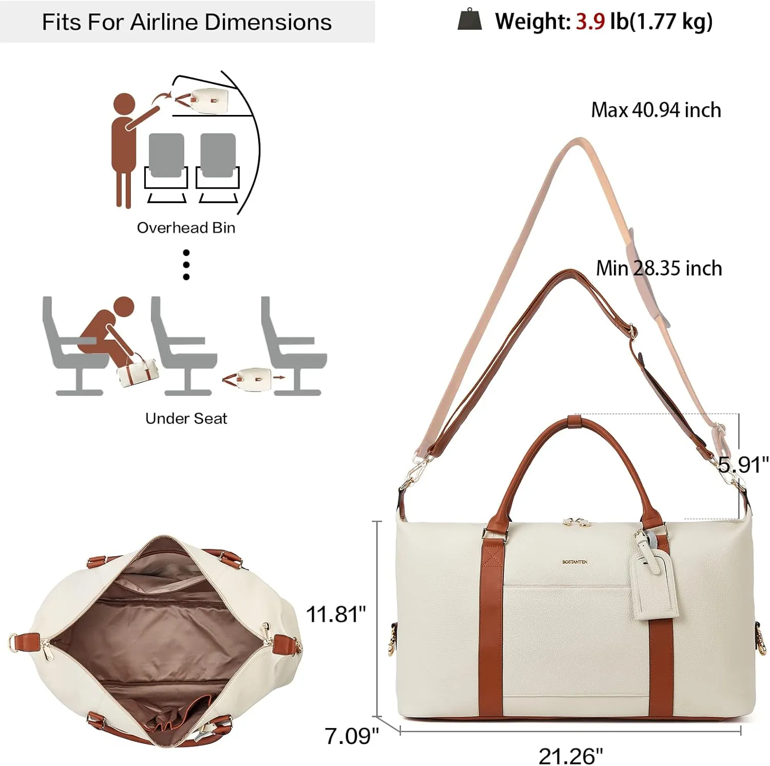 BOSTANTEN Weekender Bags for Women Leather Duffle Bag for Travel Overnight Duffel Carry on Large Tote with Trolley Sleeve and Luggage Tag