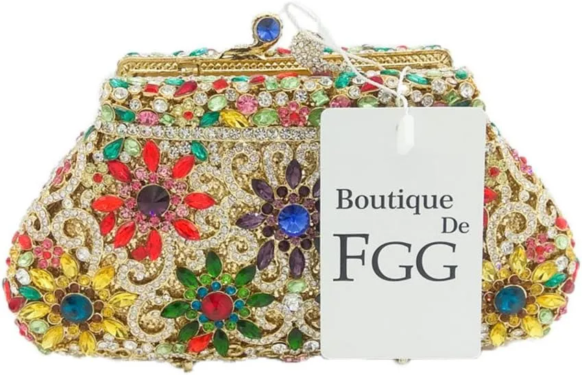 Boutique De FGG Women Crown Minaudiere Handbags Formal Evening Bags Flower Crystal Clutch Purses Wedding Clutch Bag,Mini
