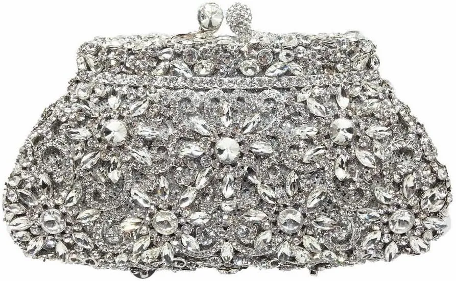 Boutique De FGG Women Crown Minaudiere Handbags Formal Evening Bags Flower Crystal Clutch Purses Wedding Clutch Bag,Mini