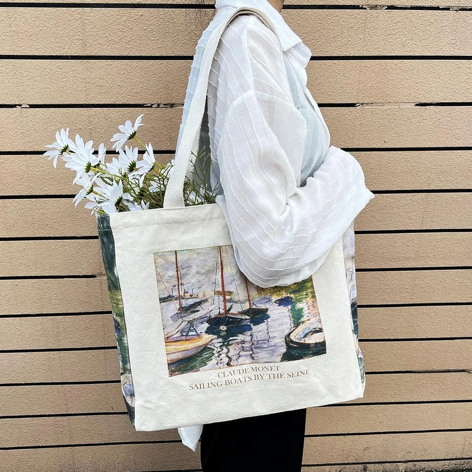 BROADREAM Canvas Tote Bag Aesthetic Shoulder Bag with Zippers and Interior Pocket