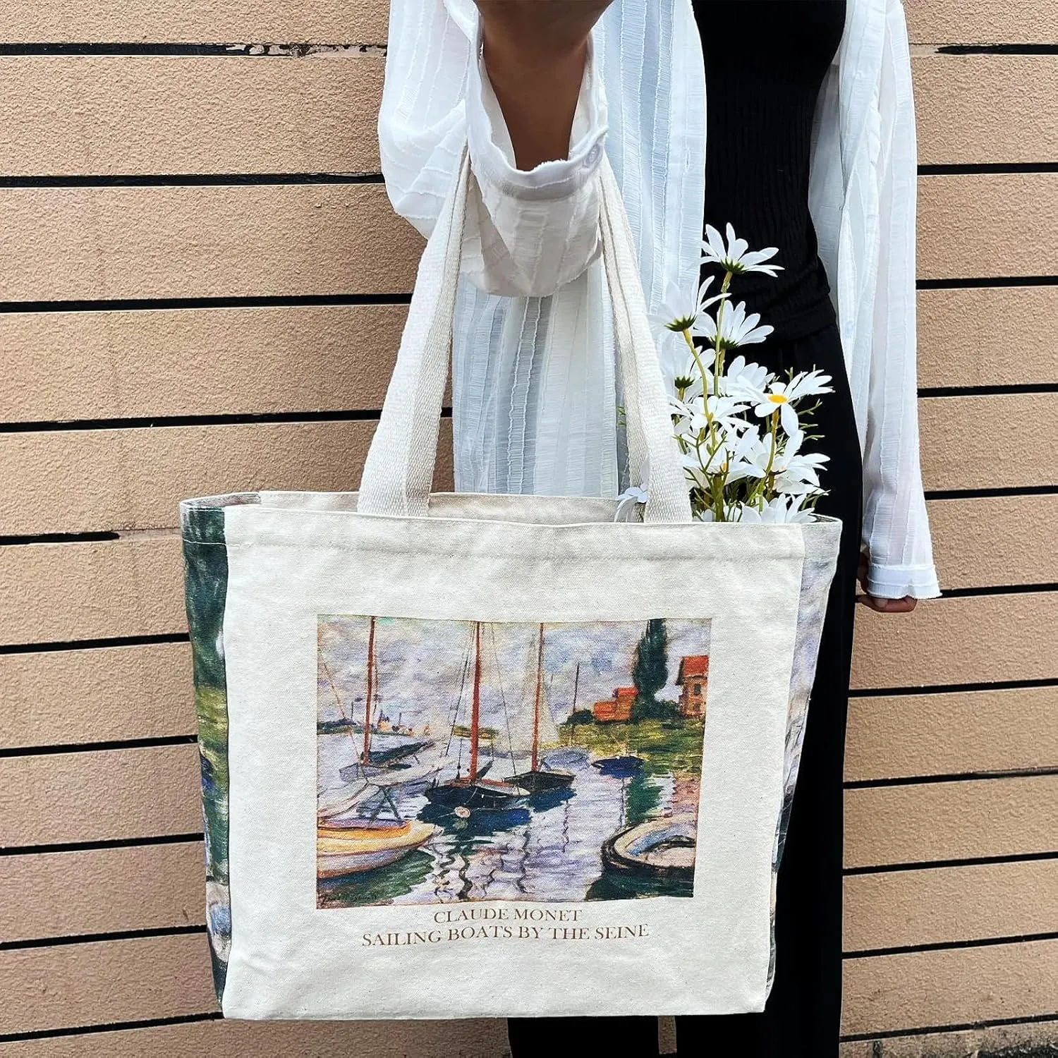 BROADREAM Canvas Tote Bag Aesthetic Shoulder Bag with Zippers and Interior Pocket