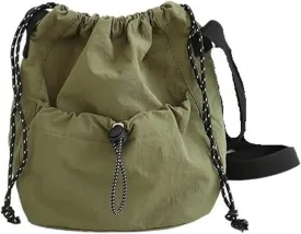Canvas Bucket Bag Drawstring Shoulder Bag Pleated Nylon Crossbody Bag