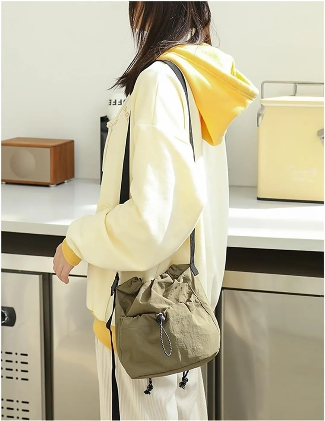 Canvas Bucket Bag Drawstring Shoulder Bag Pleated Nylon Crossbody Bag