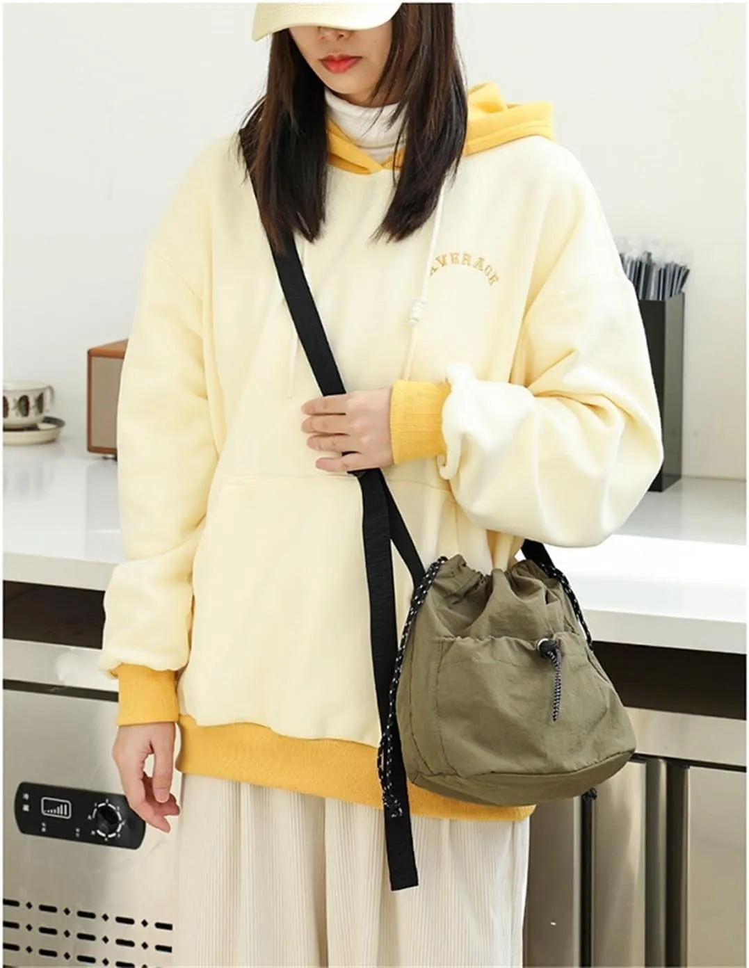 Canvas Bucket Bag Drawstring Shoulder Bag Pleated Nylon Crossbody Bag