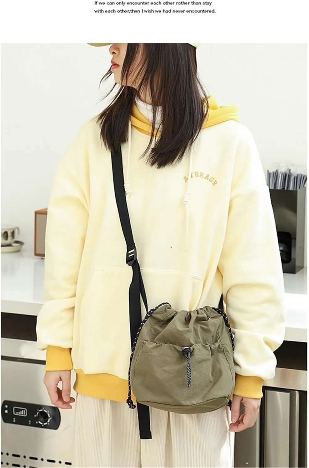 Canvas Bucket Bag Drawstring Shoulder Bag Pleated Nylon Crossbody Bag
