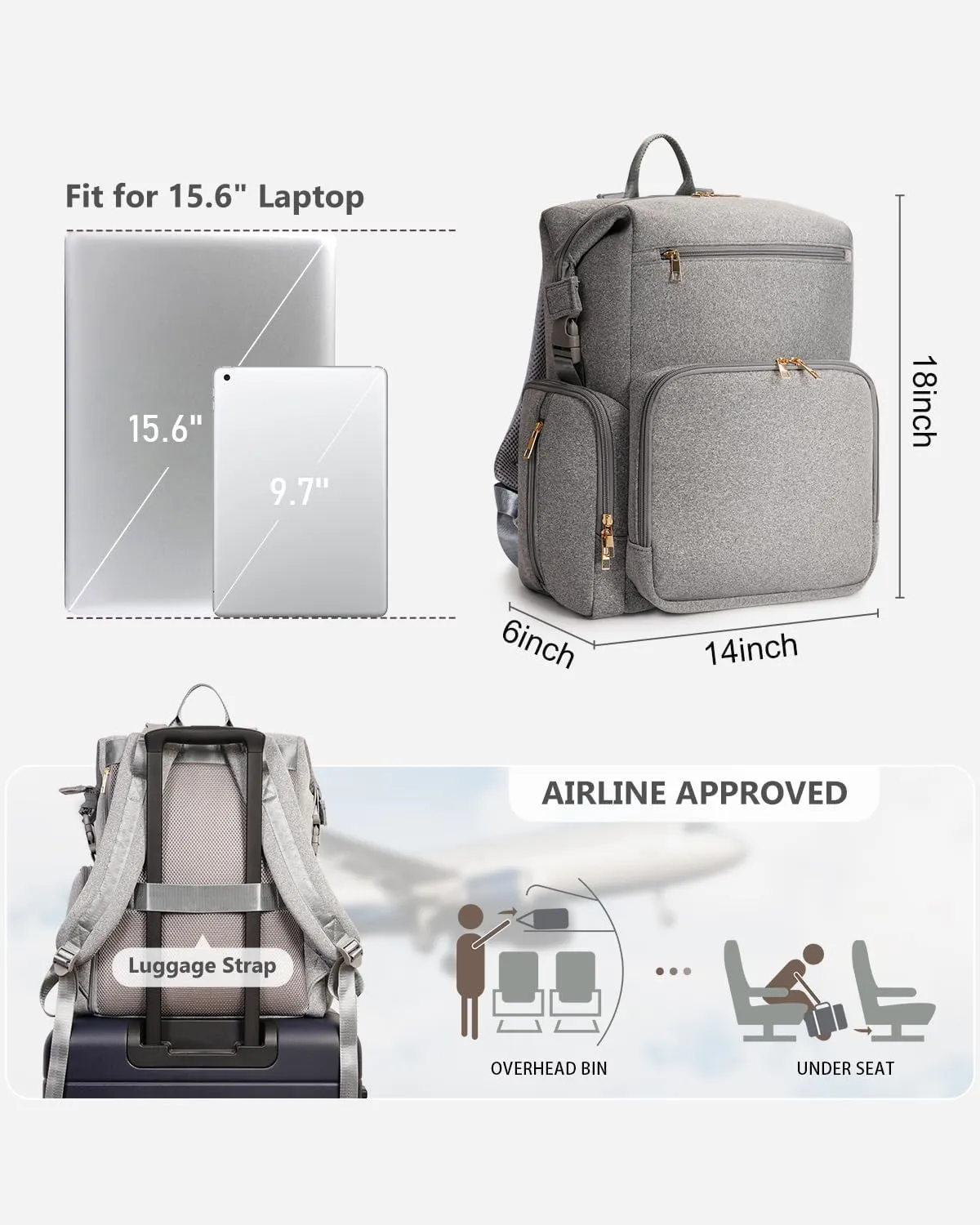 CEI-CEI Neoprene Diaper Bag Backpack with Insulated Pockets, Large Newborn Baby Maternity Bags Travel Tote with Changing Pad (Grey)