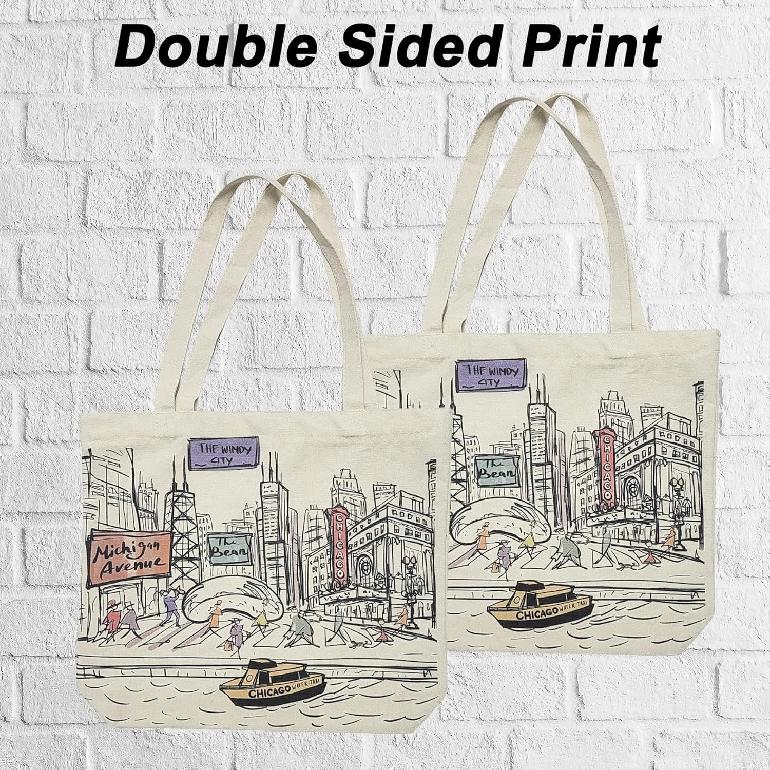 City-Themed Artwork Tote Bag Collection - Designed in the USA, 17"x14", Double Sided Print, Souvenir & Gift