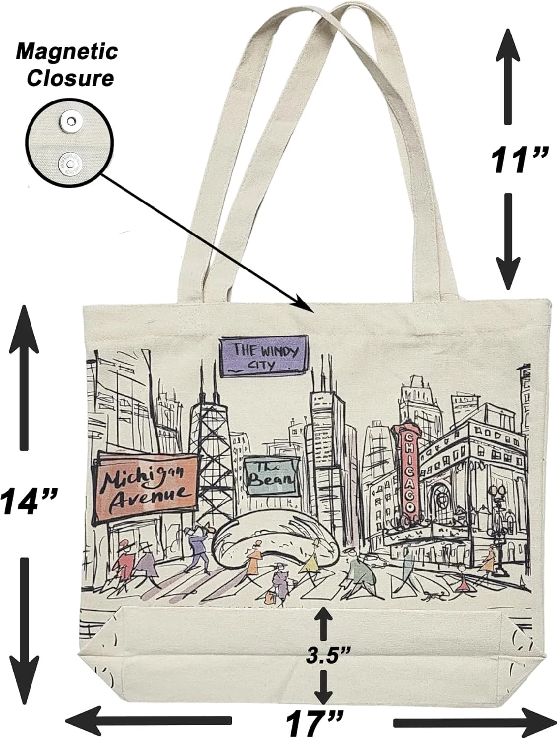 City-Themed Artwork Tote Bag Collection - Designed in the USA, 17"x14", Double Sided Print, Souvenir & Gift