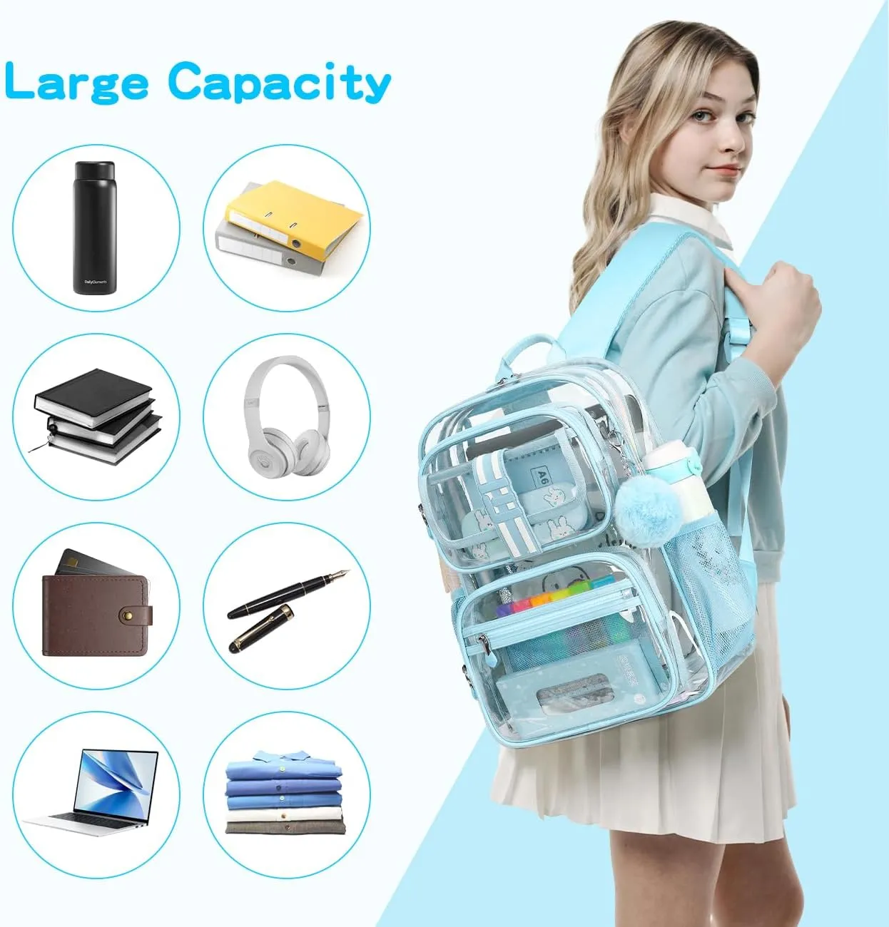 Clear Backpack for School,16in Heavy Duty Clear BookBag,TPU Large Capacity Black See Through Backpack for Stadiums,Concerts,Plastic transparente para mujer for 8Age (Light Blue)