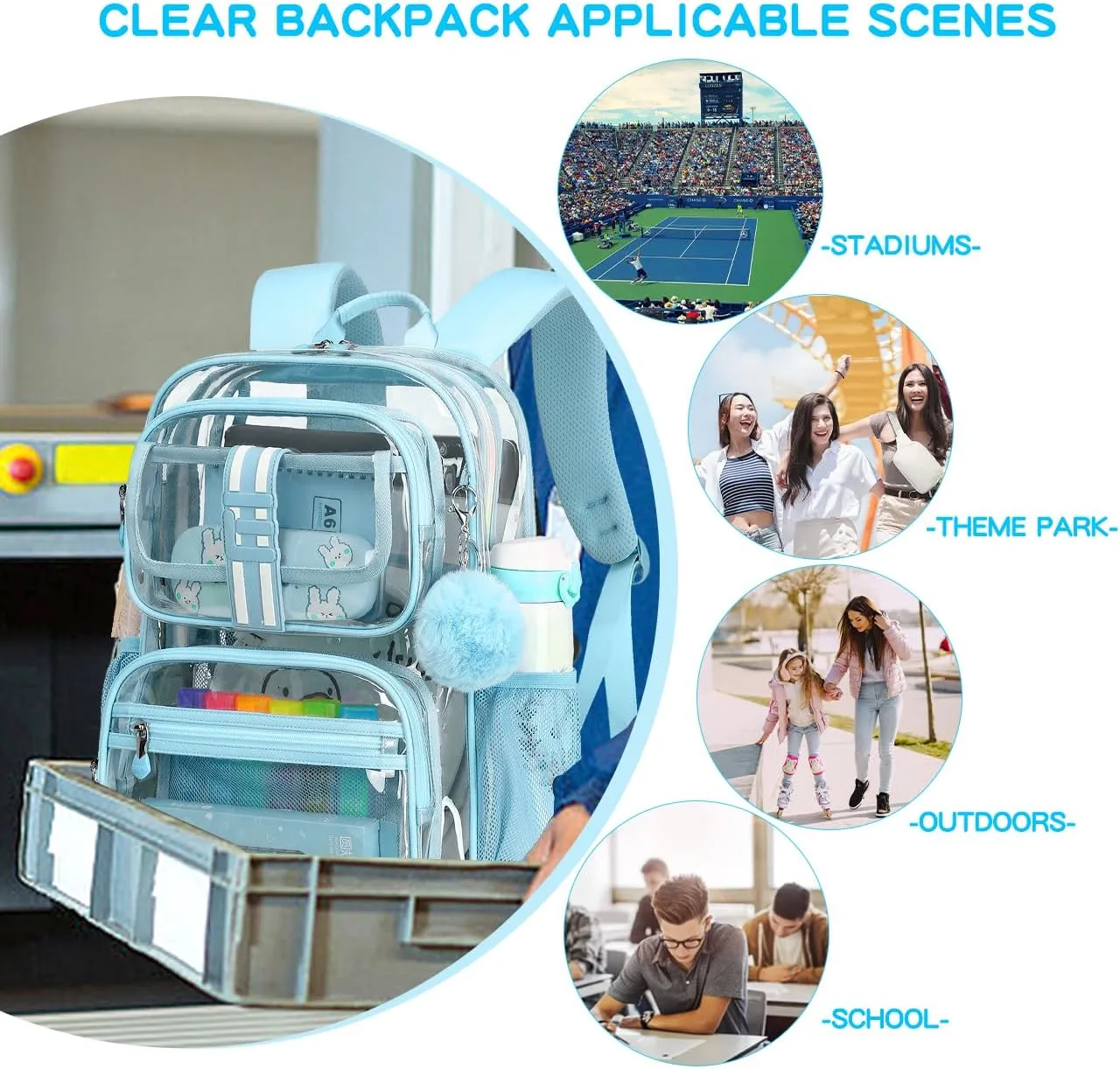 Clear Backpack for School,16in Heavy Duty Clear BookBag,TPU Large Capacity Black See Through Backpack for Stadiums,Concerts,Plastic transparente para mujer for 8Age (Light Blue)
