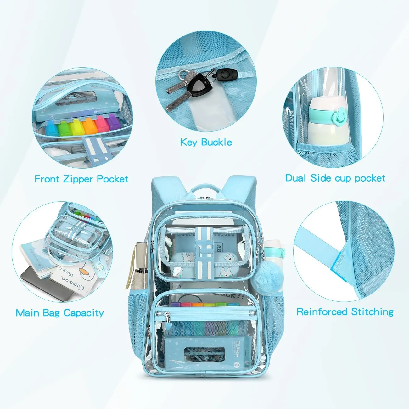 Clear Backpack for School,16in Heavy Duty Clear BookBag,TPU Large Capacity Black See Through Backpack for Stadiums,Concerts,Plastic transparente para mujer for 8Age (Light Blue)