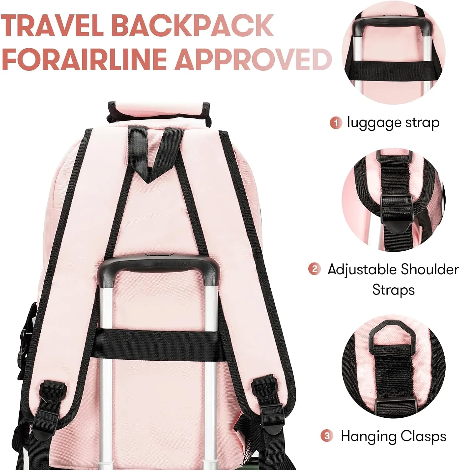 College Laptop Backpack, 17 inch Carry on Backpack Flight Approved. Large Capacity Design Can Accommodate ipad, Travel Clothes and Daily Books. 8 Pockets, Items Placed Randomly. Pink