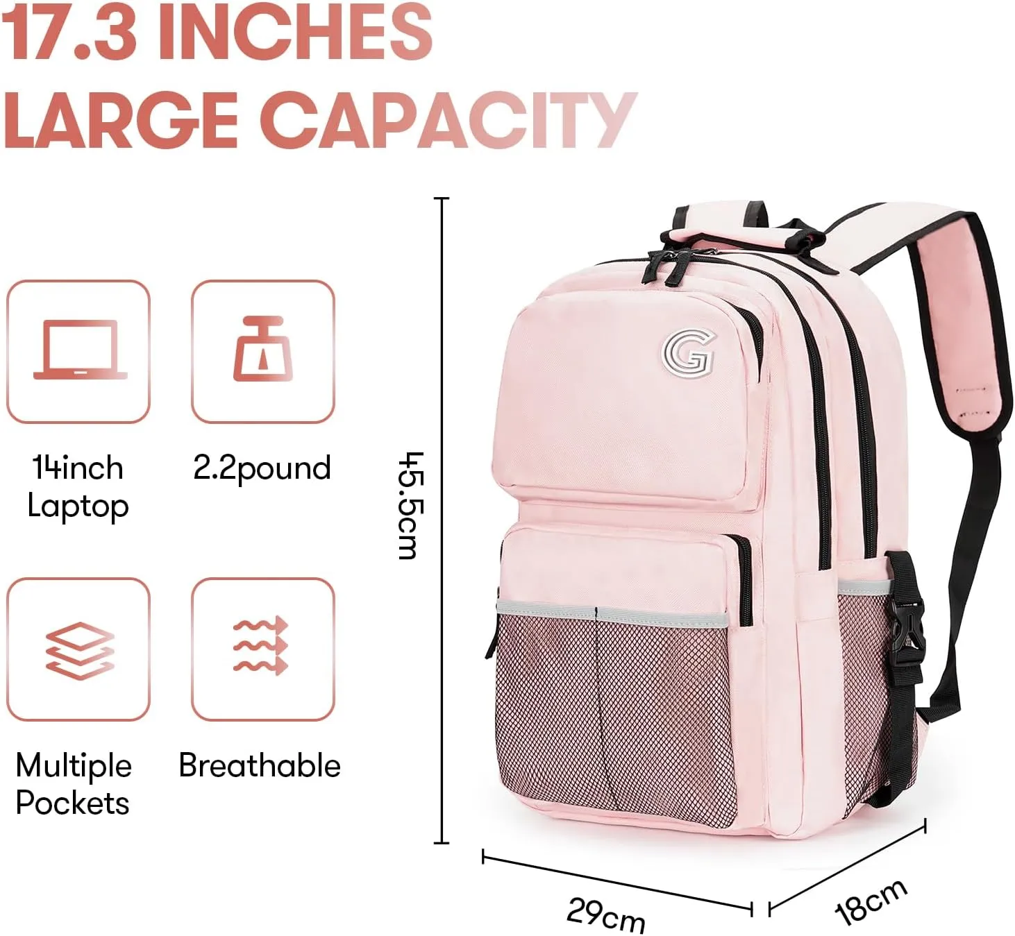 College Laptop Backpack, 17 inch Carry on Backpack Flight Approved. Large Capacity Design Can Accommodate ipad, Travel Clothes and Daily Books. 8 Pockets, Items Placed Randomly. Pink
