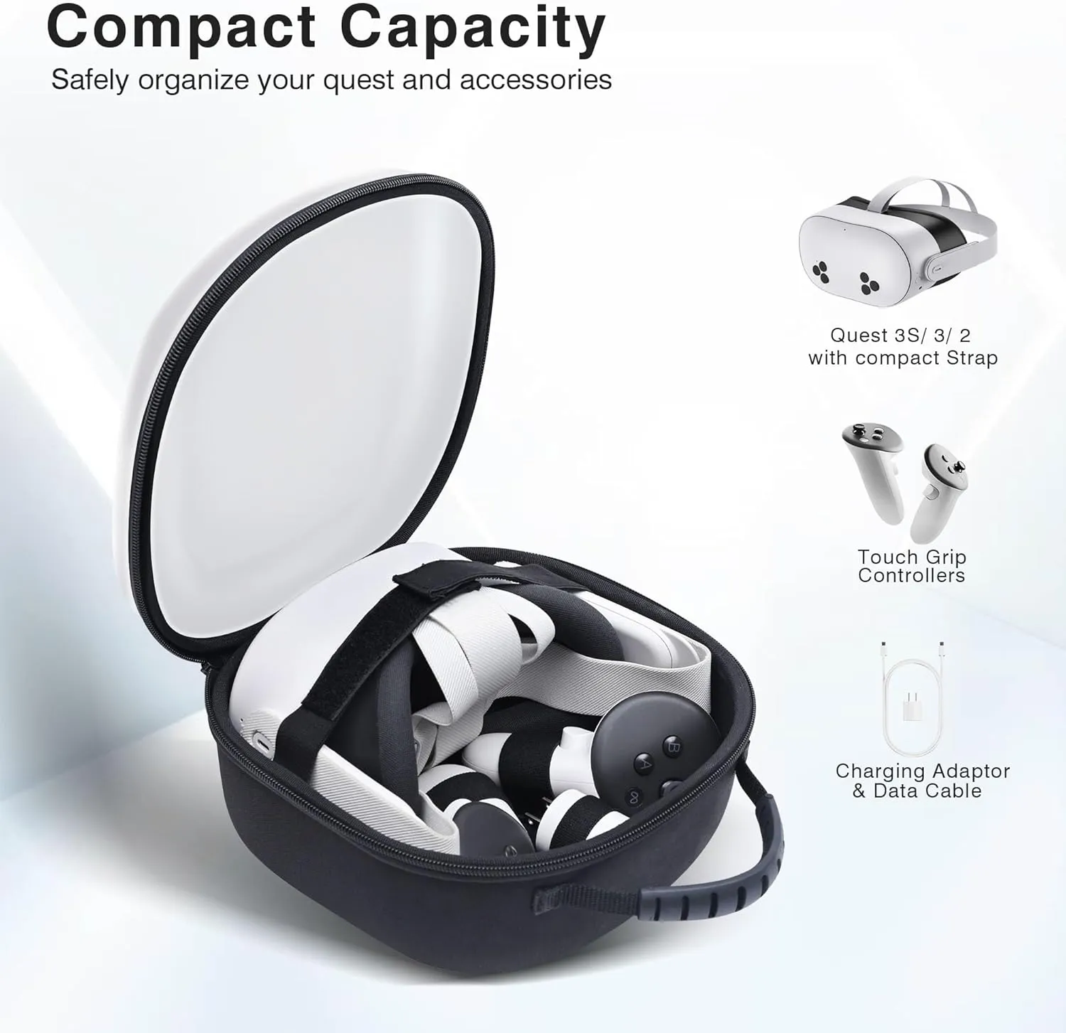Compact Space Carrying Case for Quest 3S / Quest 3 / Quest 2, Transparent Lid Case for Meta Quest2, VR Bag for Oculus Quest3 Controller Grips, Adapter Accessories