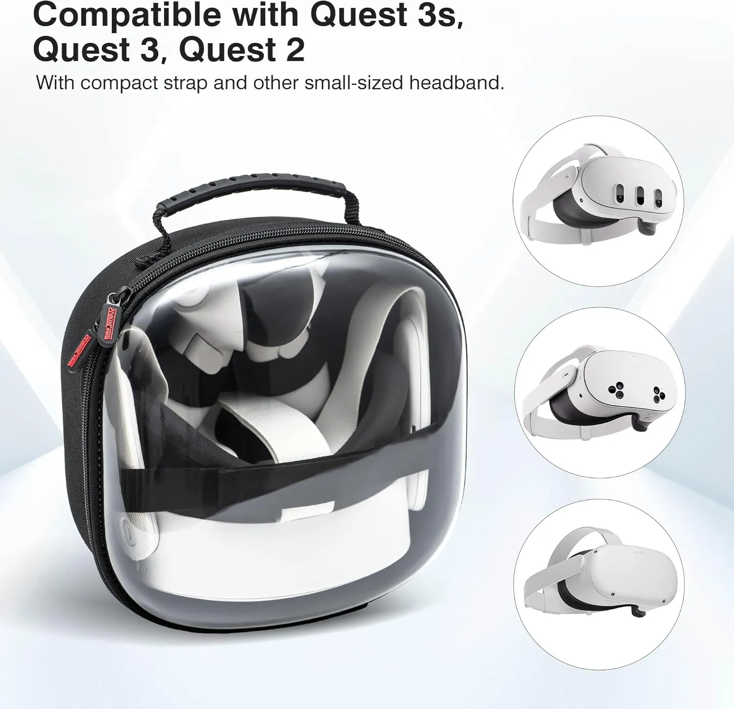 Compact Space Carrying Case for Quest 3S / Quest 3 / Quest 2, Transparent Lid Case for Meta Quest2, VR Bag for Oculus Quest3 Controller Grips, Adapter Accessories