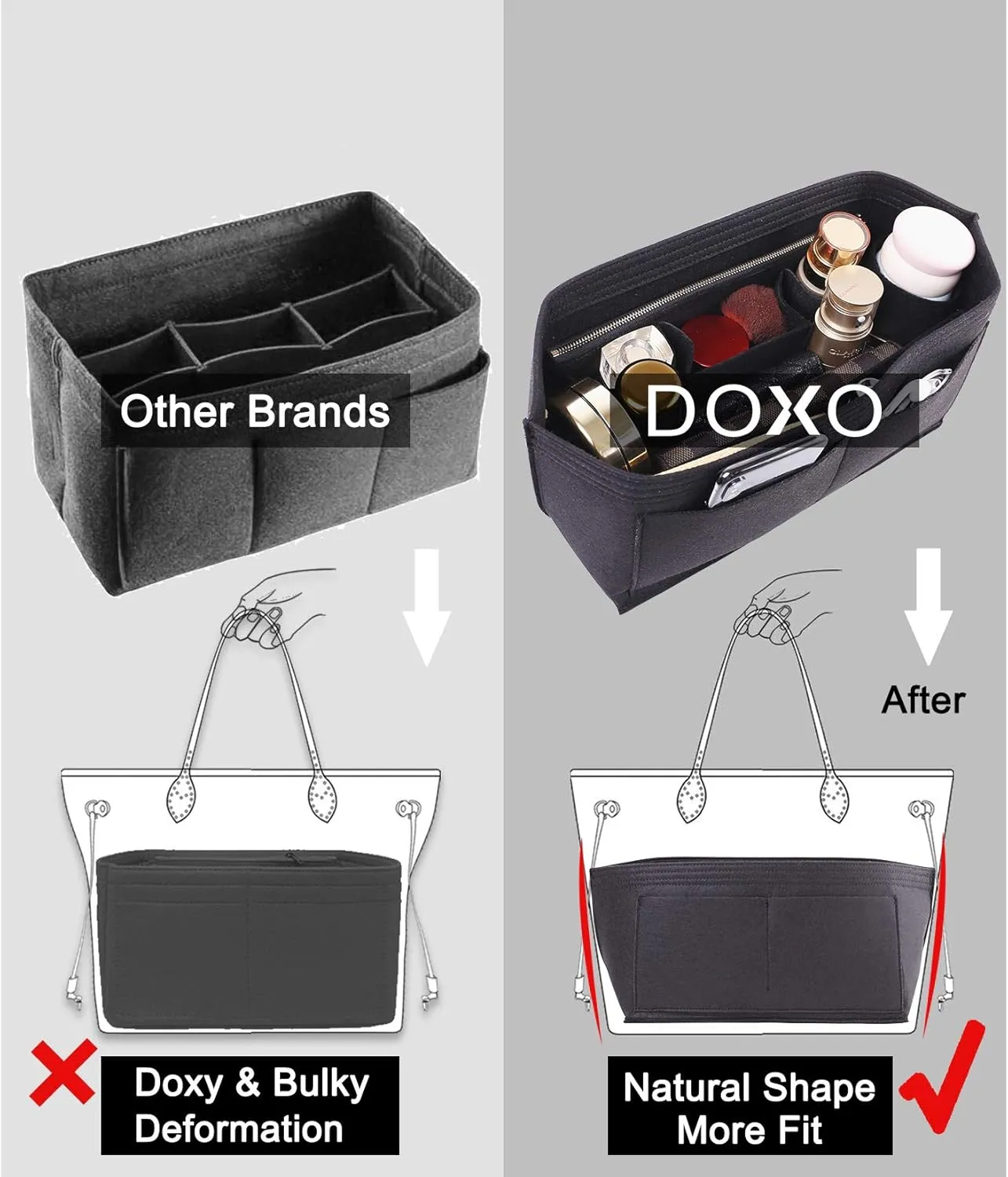 Doxo Purse Organizer Insert Handbag&Tote Large with Zipper Bag in Bag Fit Speedy 30 and Neverfull PM/Saint Louis PM & Base Shaper 2pc Set(Large-Black-Combination)