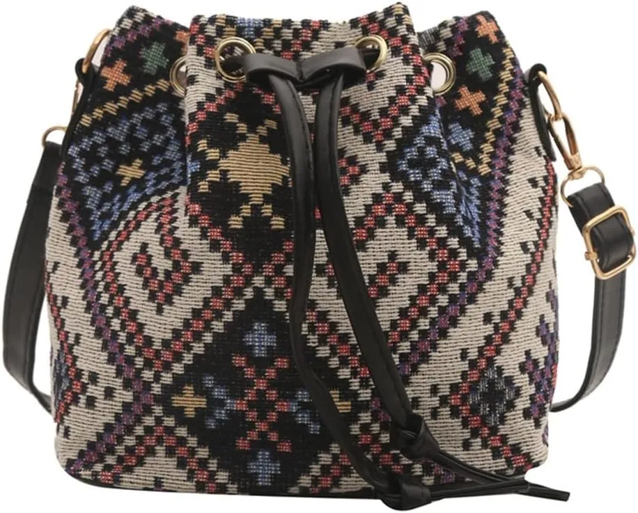 Fashion Drawstring Crossbody Bag for Women Girl Bucket Bag Canvas Shoulder Bag Female Ethnic Styles Messengers Bag