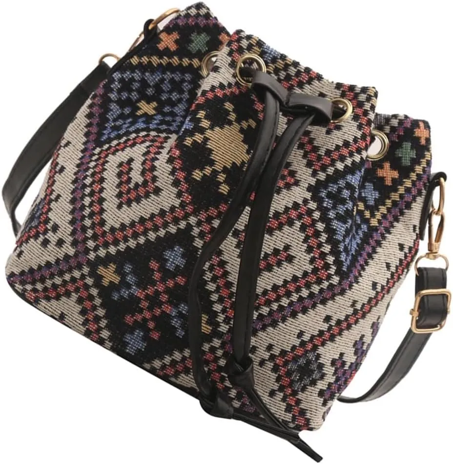 Fashion Drawstring Crossbody Bag for Women Girl Bucket Bag Canvas Shoulder Bag Female Ethnic Styles Messengers Bag