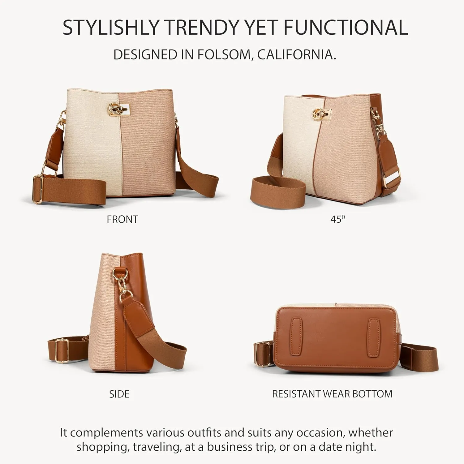 FOLSOM Leather Crossbody Bags for Women - 5 Colors | Leather Bucket Bags for Women - 3 Straps, 3 Compartments, & 3 Closures
