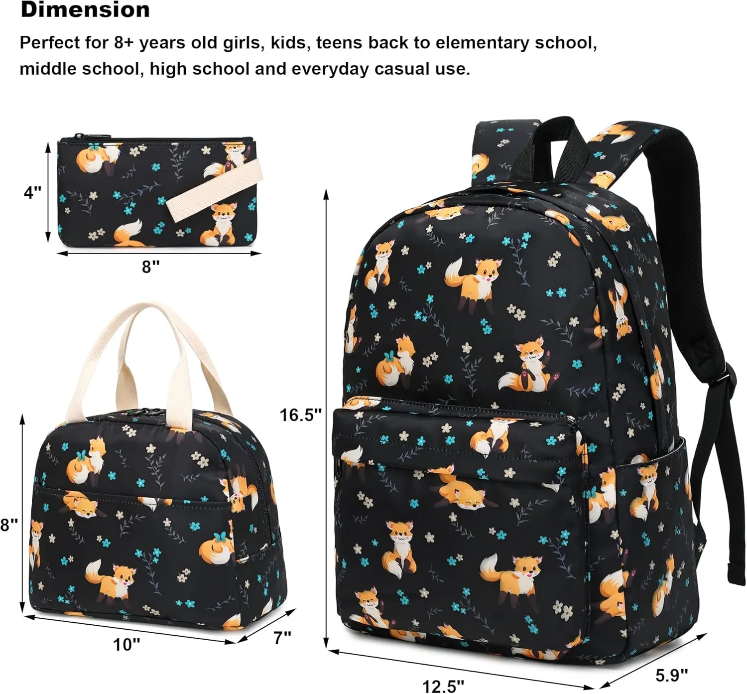 Girls School Backpacks for Kids Teens, 3-in-1 School Bag Bookbags Set with Lunch Bag Pencil Case