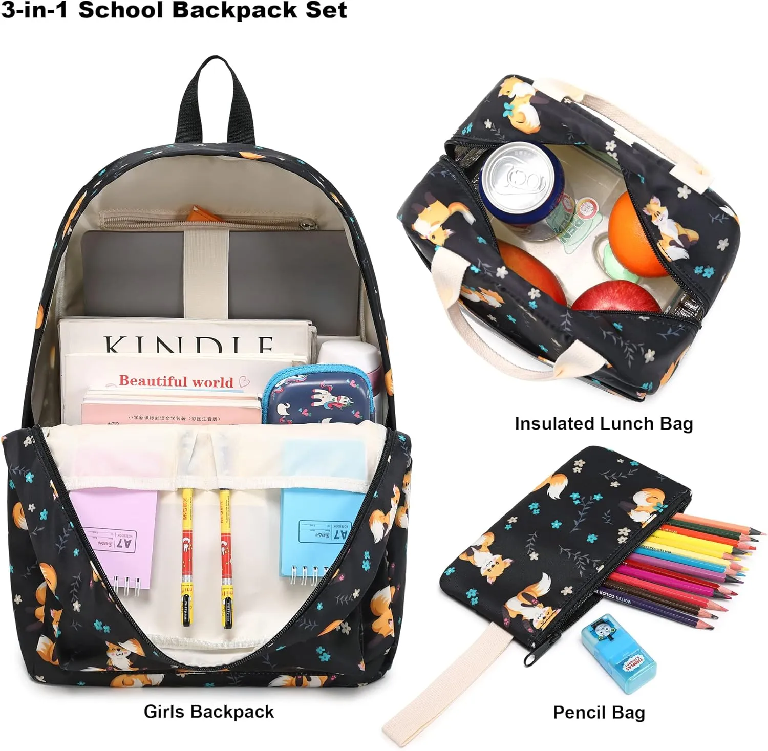 Girls School Backpacks for Kids Teens, 3-in-1 School Bag Bookbags Set with Lunch Bag Pencil Case