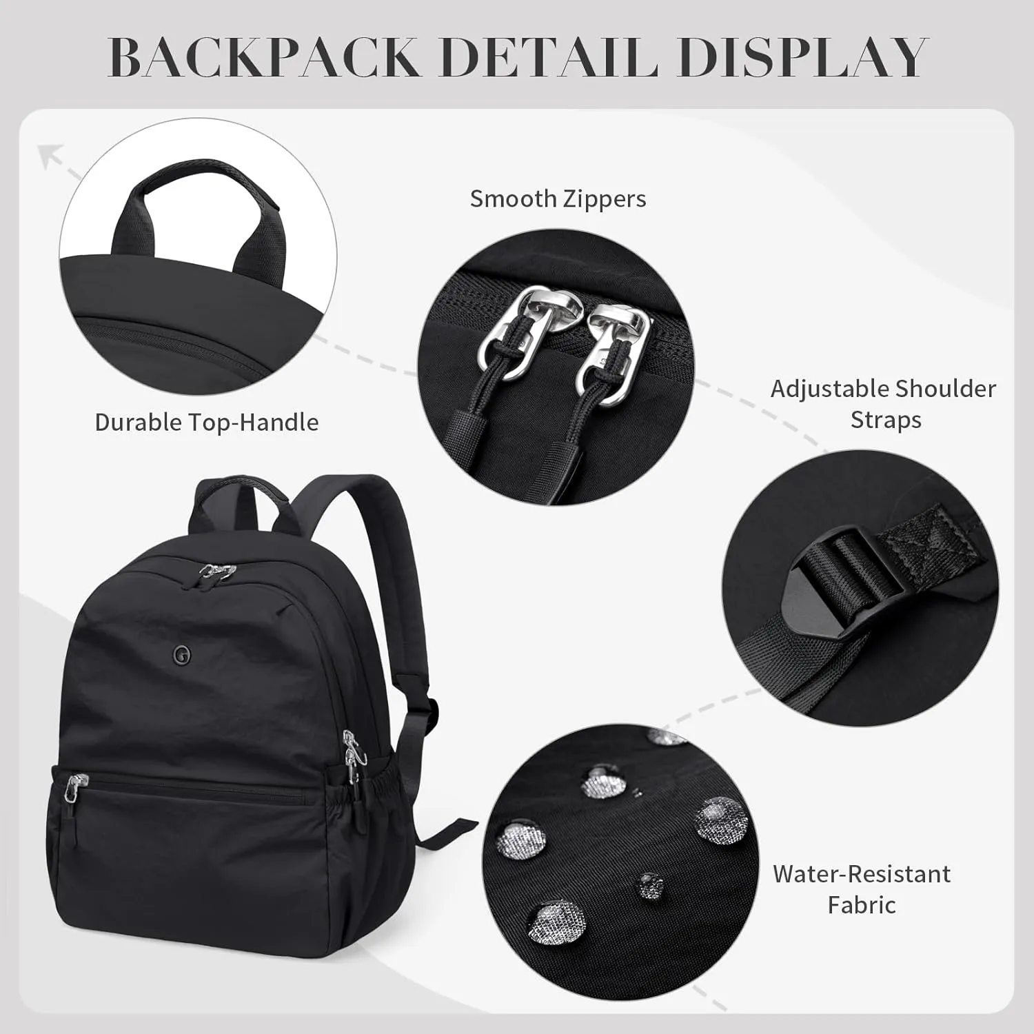 GOLF SUPAGS 13L Mini Backpack Lightweight Nylon Daypack for Women, Small City Pack, Versatile Ladies Backpack for Shopping & Travel, Black