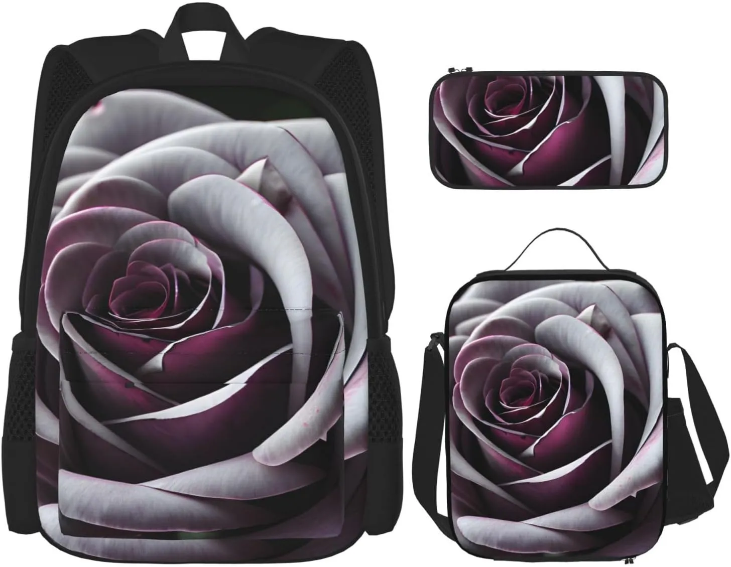 Gothic Rose Flower Print Pencil Case Lightweight Casual Fashion Backpack Lunch Bag Large Capacity Travel Bag