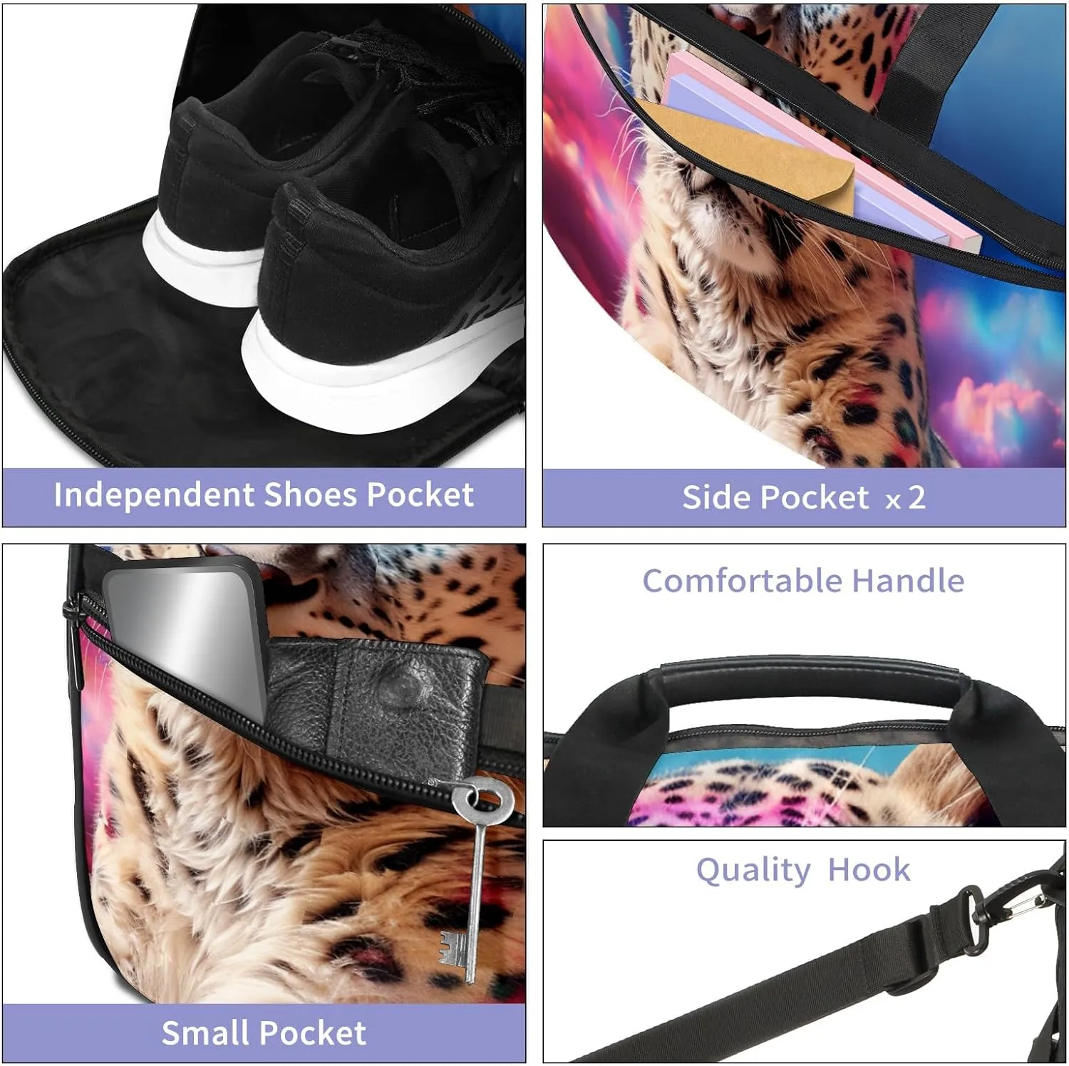 Gym Bag Women's Sports Yoga Bag - Fits up to 13.3" Laptop   Shoe Compartment, Overnight Weekender Bag Travel Bag, Dance Bag, Cheetah Cloud Rainbow - 1